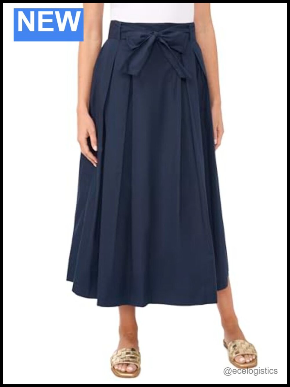 Womens Box Pleated Maxi Skirt Bow Belt Cotton Wear to Work